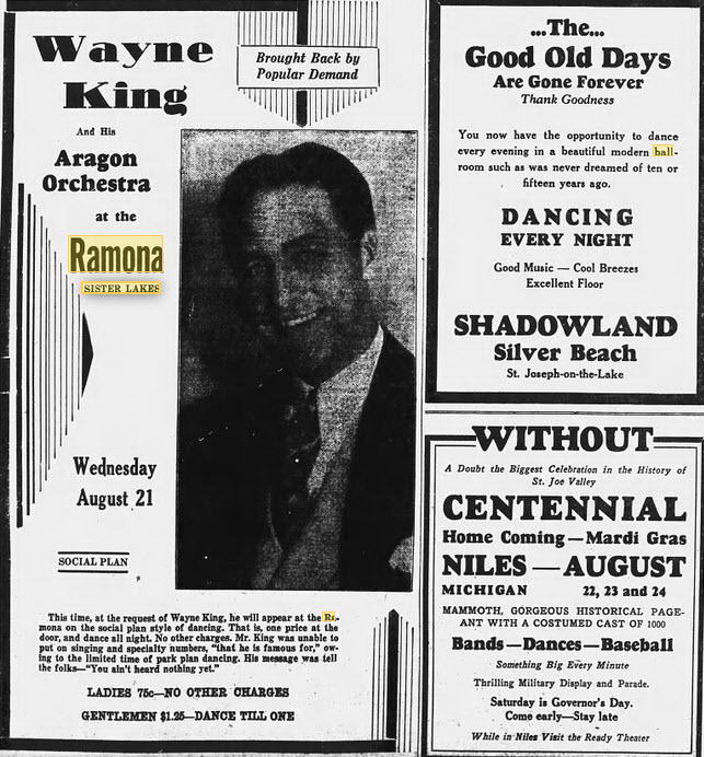 Ramona Ballroom/Dance Pavilion at Sister Lakes - 20 Aug 1929 Ads